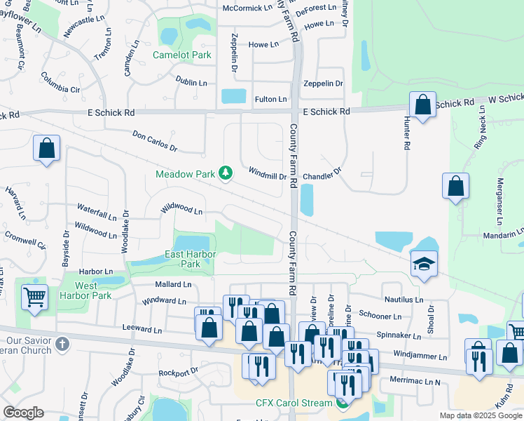 map of restaurants, bars, coffee shops, grocery stores, and more near 1872 Isle Royal Lane in Hanover Park