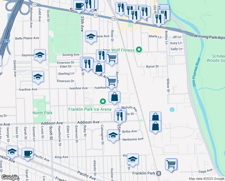map of restaurants, bars, coffee shops, grocery stores, and more near 3720 Rose Street in Schiller Park