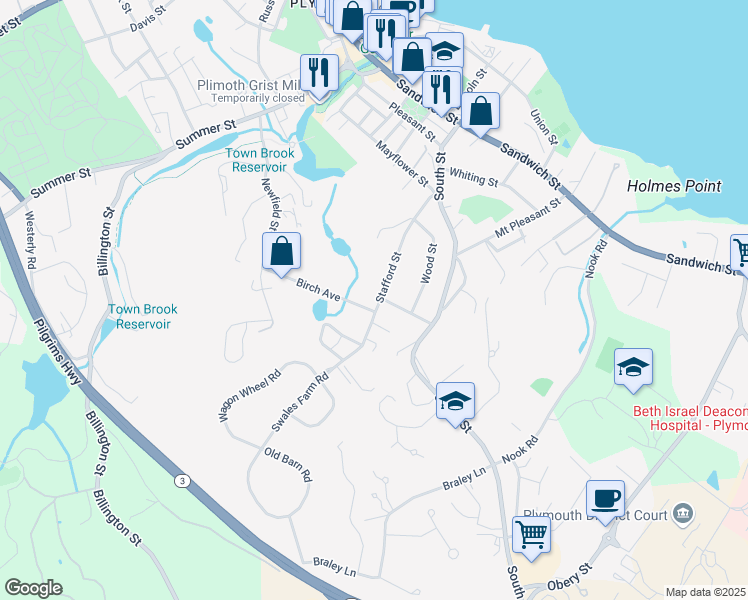 map of restaurants, bars, coffee shops, grocery stores, and more near 7 Birch Avenue in Plymouth