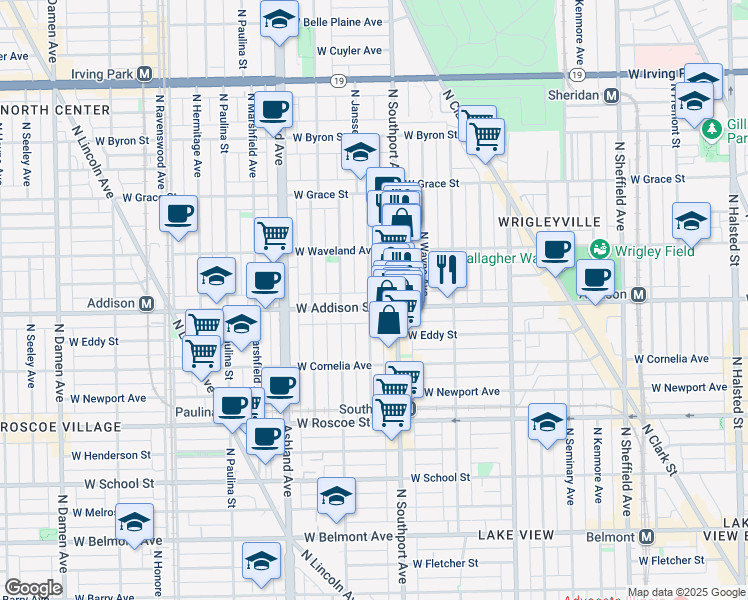 map of restaurants, bars, coffee shops, grocery stores, and more near 1421 West Addison Street in Chicago