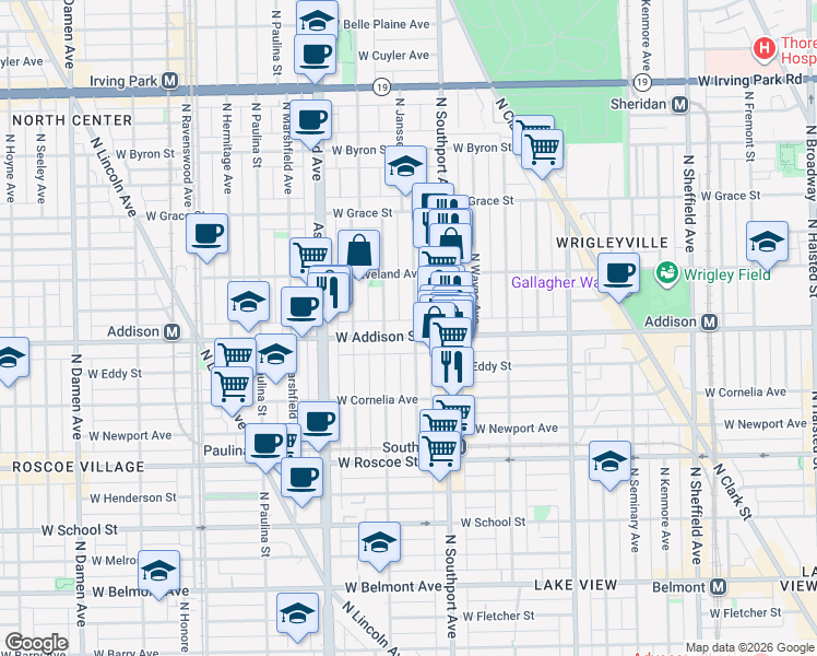 map of restaurants, bars, coffee shops, grocery stores, and more near 3617 North Greenview Avenue in Chicago