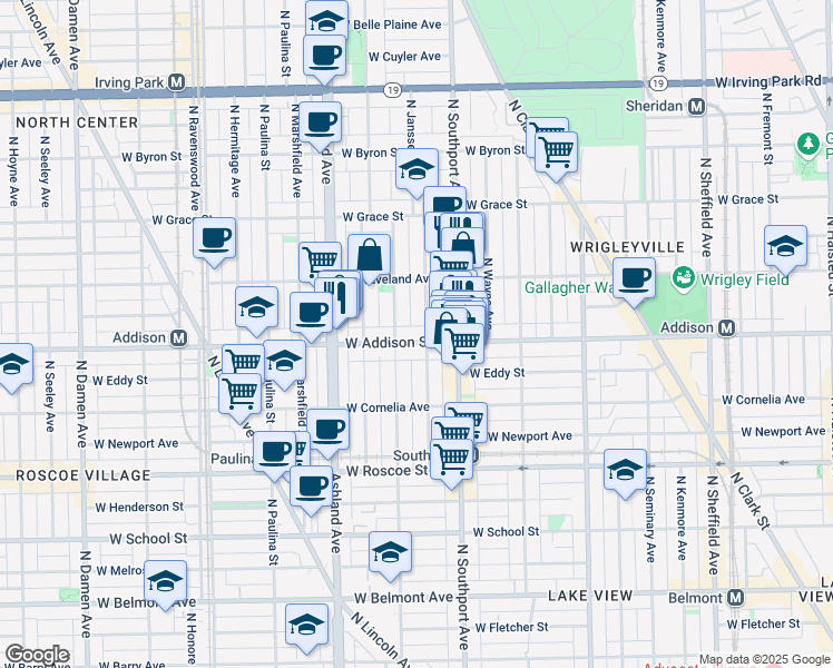 map of restaurants, bars, coffee shops, grocery stores, and more near 3617 North Greenview Avenue in Chicago