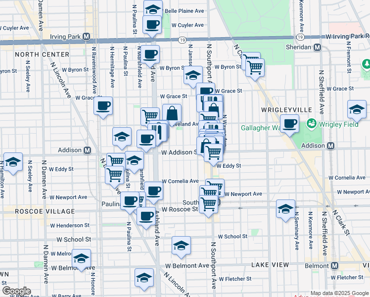 map of restaurants, bars, coffee shops, grocery stores, and more near 3617 North Greenview Avenue in Chicago