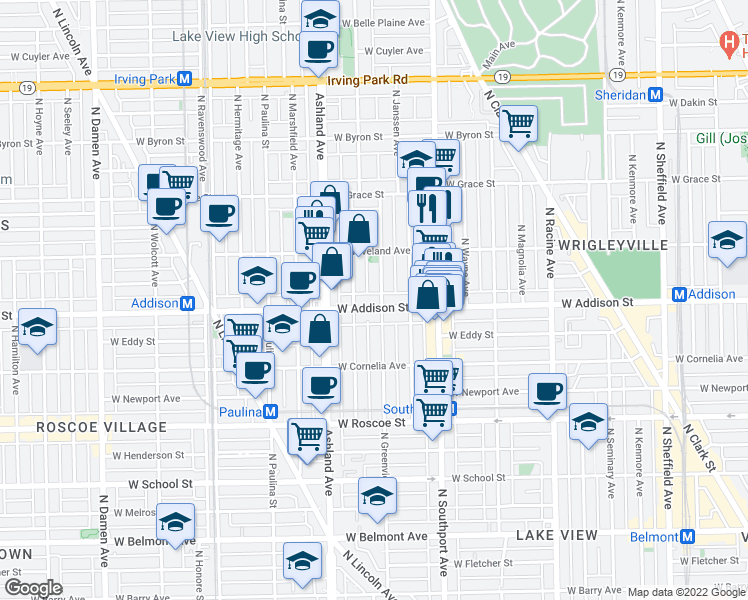 map of restaurants, bars, coffee shops, grocery stores, and more near 3611 North Bosworth Avenue in Chicago