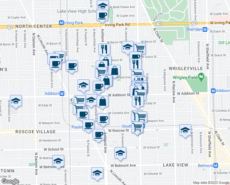 map of restaurants, bars, coffee shops, grocery stores, and more near 3611 North Bosworth Avenue in Chicago
