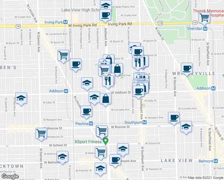 map of restaurants, bars, coffee shops, grocery stores, and more near 3611 North Bosworth Avenue in Chicago