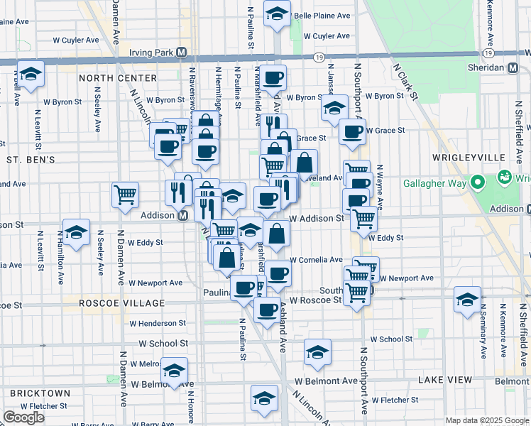 map of restaurants, bars, coffee shops, grocery stores, and more near 3614 North Marshfield Avenue in Chicago