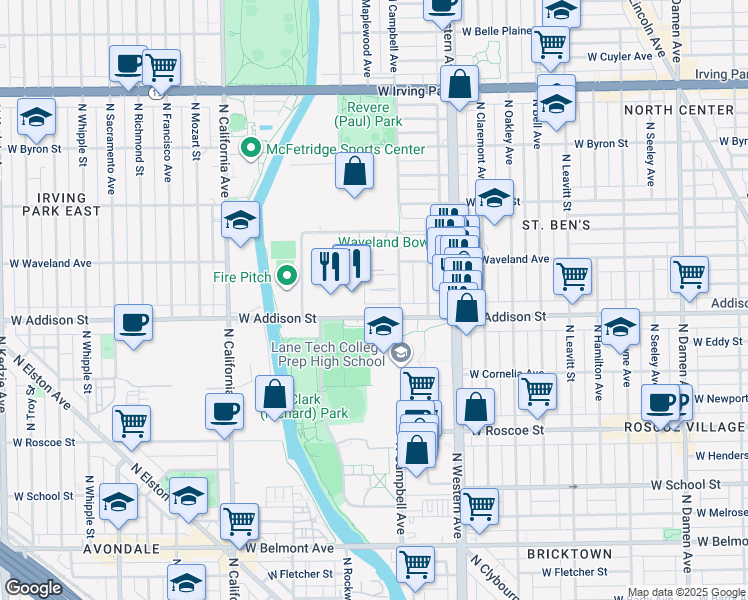 map of restaurants, bars, coffee shops, grocery stores, and more near 2521 West Patterson Avenue in Chicago