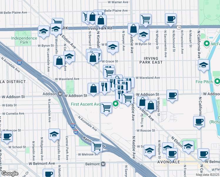 map of restaurants, bars, coffee shops, grocery stores, and more near 3664 North Elston Avenue in Chicago
