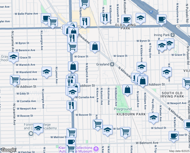 map of restaurants, bars, coffee shops, grocery stores, and more near 4600 West Patterson Avenue in Chicago