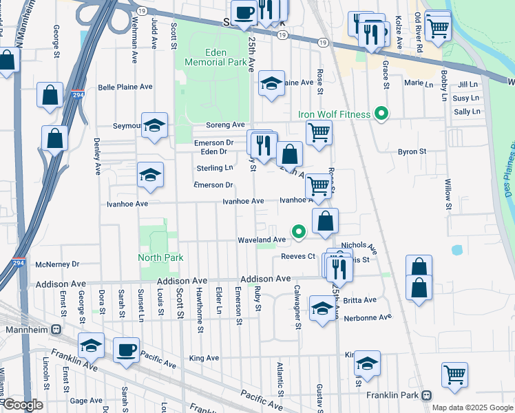 map of restaurants, bars, coffee shops, grocery stores, and more near 9761 Ivanhoe Avenue in Schiller Park