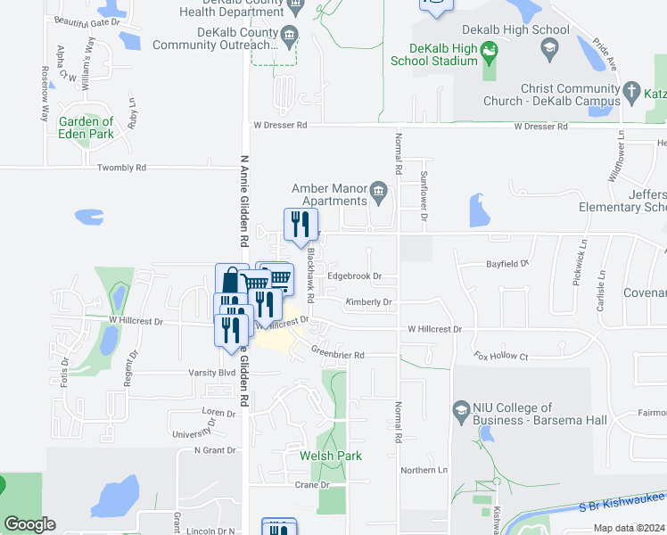 map of restaurants, bars, coffee shops, grocery stores, and more near 835 Edgebrook Drive in DeKalb