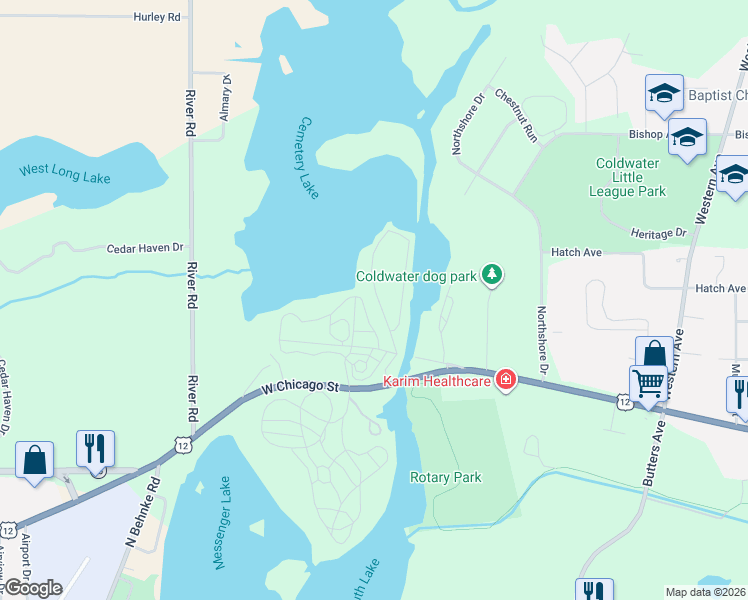 map of restaurants, bars, coffee shops, grocery stores, and more near 129 Willow Lane in Coldwater