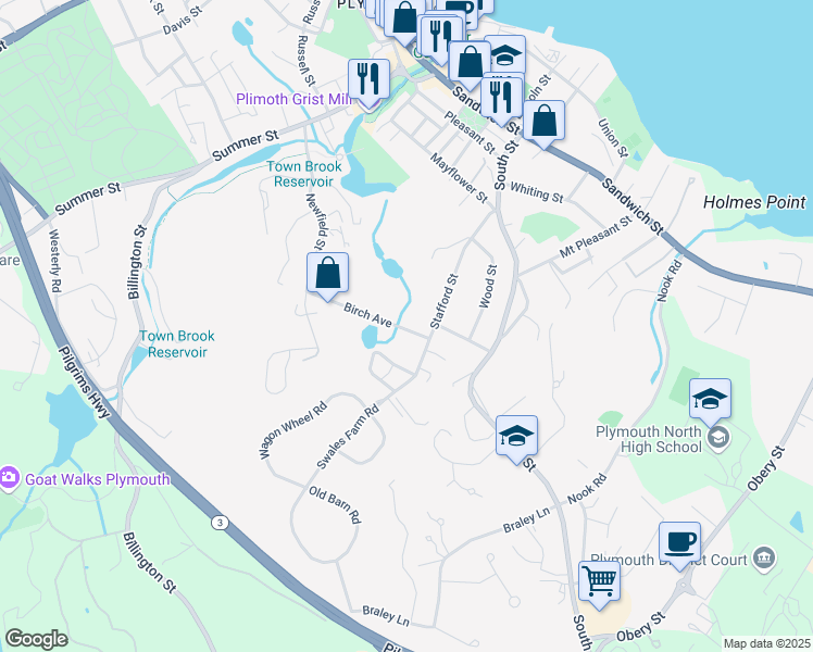 map of restaurants, bars, coffee shops, grocery stores, and more near 7 Birch Avenue in Plymouth