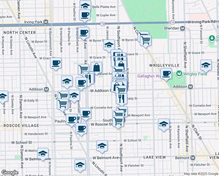 map of restaurants, bars, coffee shops, grocery stores, and more near 1436 West Addison Street in Chicago