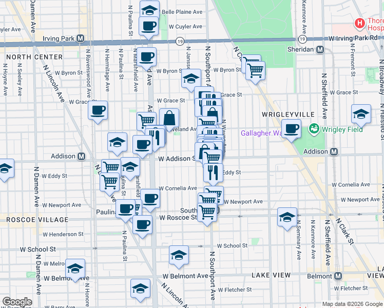 map of restaurants, bars, coffee shops, grocery stores, and more near 3617 North Greenview Avenue in Chicago