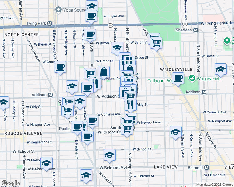 map of restaurants, bars, coffee shops, grocery stores, and more near 3617 North Greenview Avenue in Chicago