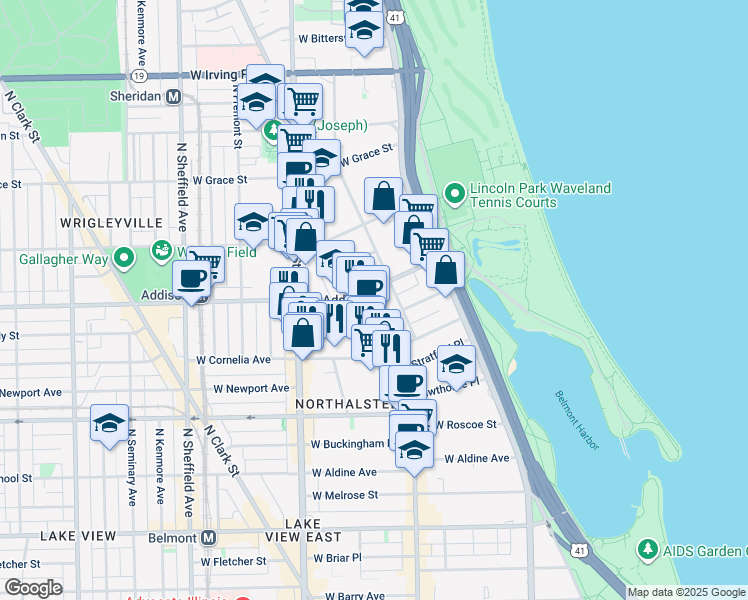 map of restaurants, bars, coffee shops, grocery stores, and more near 631 West Addison Street in Chicago