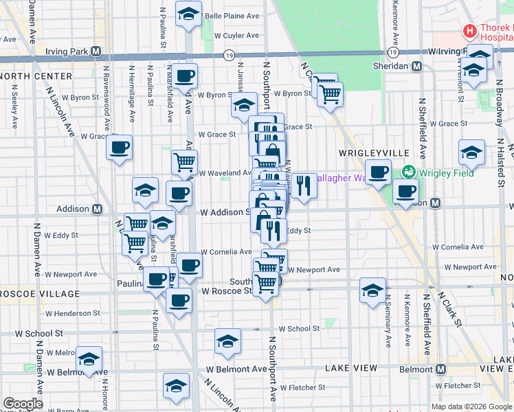map of restaurants, bars, coffee shops, grocery stores, and more near 1418 West Addison Street in Chicago