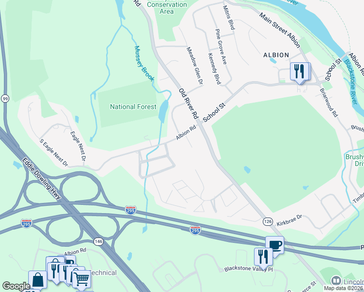 map of restaurants, bars, coffee shops, grocery stores, and more near 9 Hickory Lane in Lincoln
