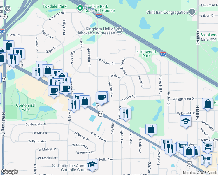 map of restaurants, bars, coffee shops, grocery stores, and more near 1130 Thatcher Lane in Addison
