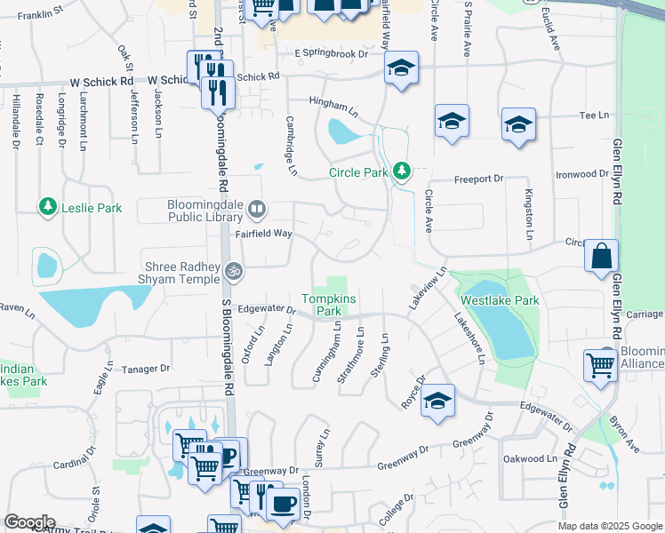 map of restaurants, bars, coffee shops, grocery stores, and more near 152 Fairfield Way in Bloomingdale