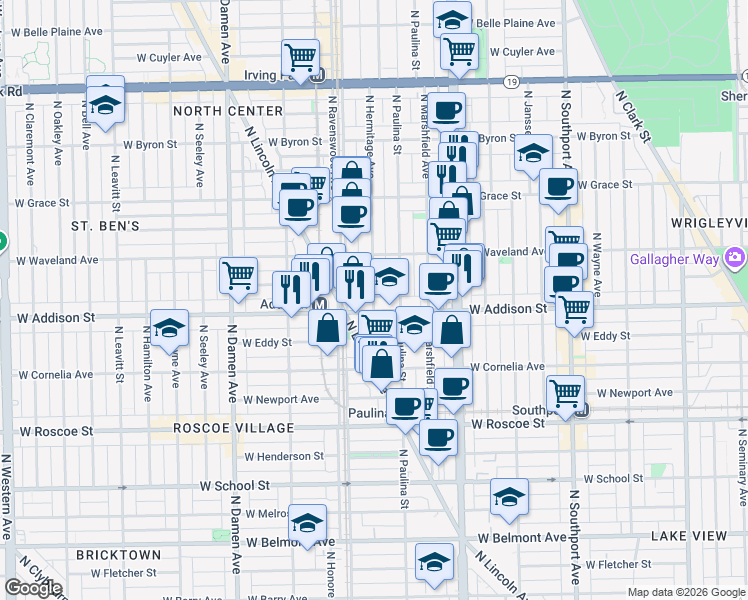 map of restaurants, bars, coffee shops, grocery stores, and more near 3610 North Hermitage Avenue in Chicago