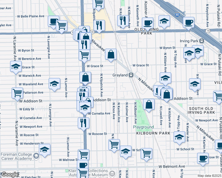 map of restaurants, bars, coffee shops, grocery stores, and more near 4600 West Patterson Avenue in Chicago