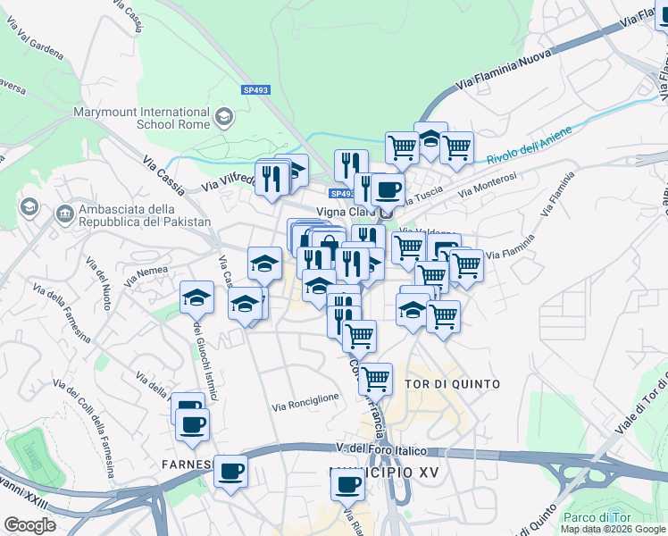 map of restaurants, bars, coffee shops, grocery stores, and more near 175 Via di Vigna Stelluti in Roma