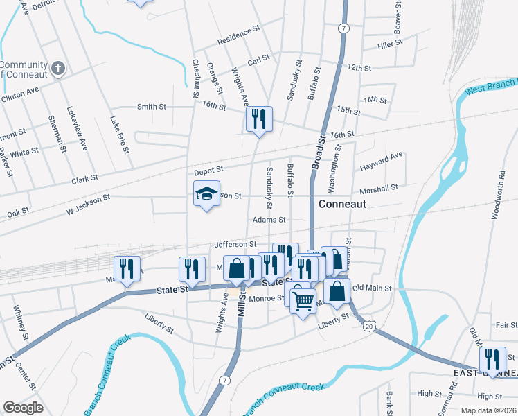 map of restaurants, bars, coffee shops, grocery stores, and more near 400 Mill Street in Conneaut