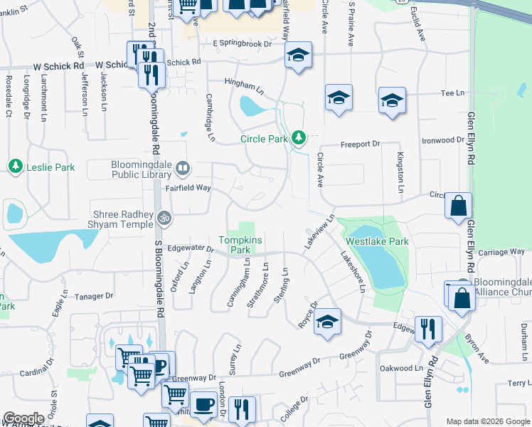 map of restaurants, bars, coffee shops, grocery stores, and more near 172 Fairfield Way in Bloomingdale