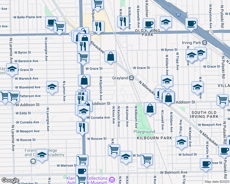 map of restaurants, bars, coffee shops, grocery stores, and more near 4600 West Patterson Avenue in Chicago