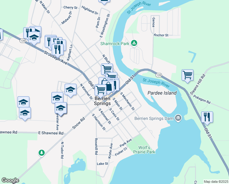 map of restaurants, bars, coffee shops, grocery stores, and more near 113 E Ferry St in Berrien Springs
