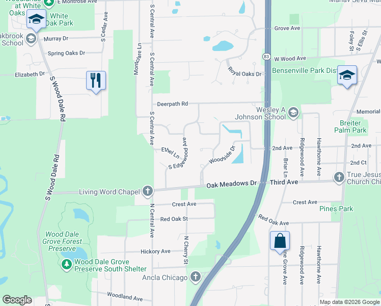 map of restaurants, bars, coffee shops, grocery stores, and more near 401 South Edgewood Avenue in Wood Dale