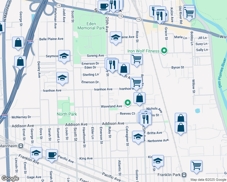 map of restaurants, bars, coffee shops, grocery stores, and more near 9761 Ivanhoe Avenue in Schiller Park