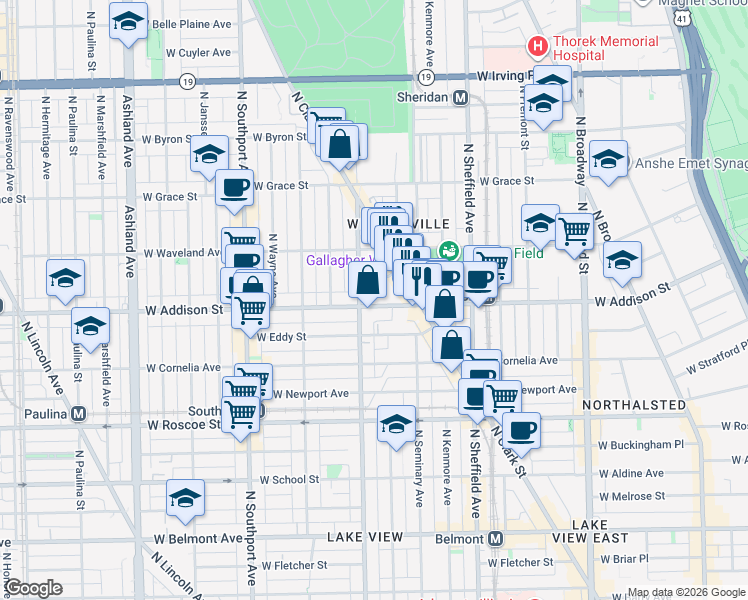 map of restaurants, bars, coffee shops, grocery stores, and more near 1138 West Addison Street in Chicago