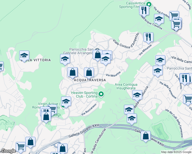 map of restaurants, bars, coffee shops, grocery stores, and more near 4 Via Misurina in Roma