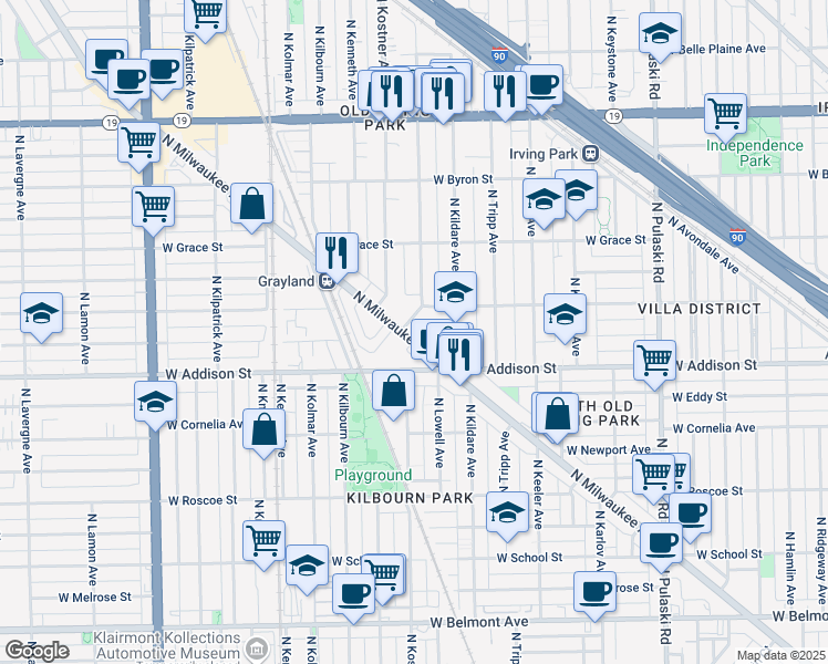 map of restaurants, bars, coffee shops, grocery stores, and more near 17 North Milwaukee Avenue in Chicago