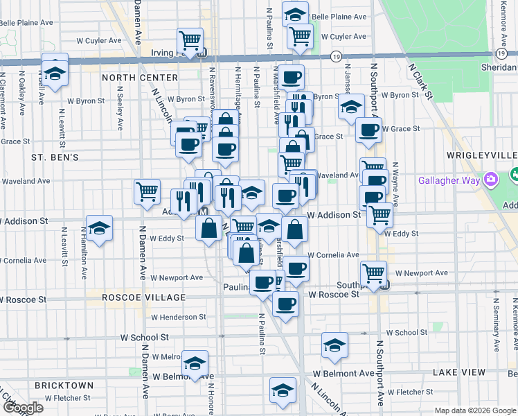 map of restaurants, bars, coffee shops, grocery stores, and more near 3615 North Hermitage Avenue in Chicago