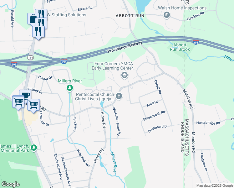 map of restaurants, bars, coffee shops, grocery stores, and more near 110 Bear Hill Road in Cumberland