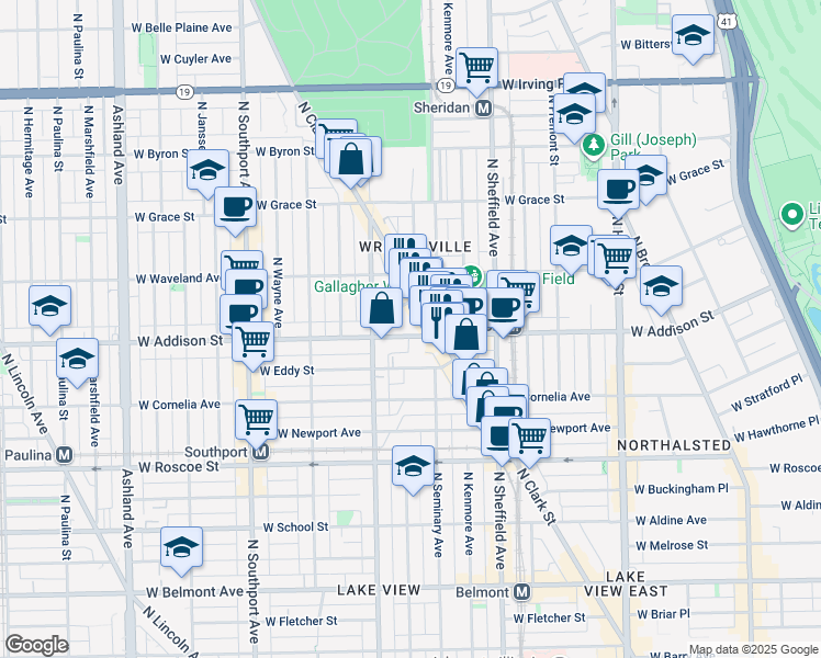 map of restaurants, bars, coffee shops, grocery stores, and more near 1114 West Addison Street in Chicago