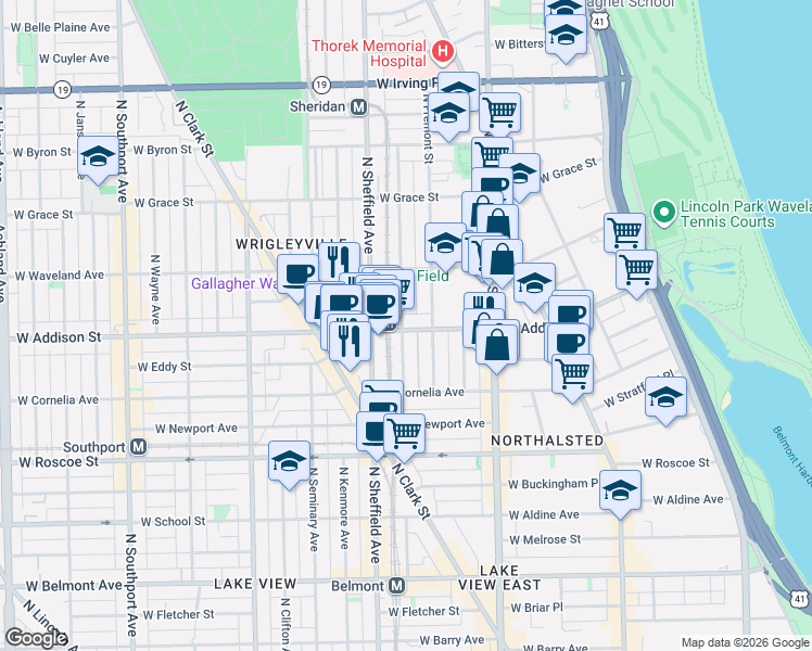 map of restaurants, bars, coffee shops, grocery stores, and more near 922 West Addison Street in Chicago