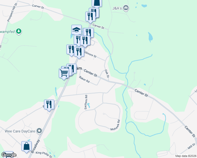 map of restaurants, bars, coffee shops, grocery stores, and more near 130 Center Street in Raynham