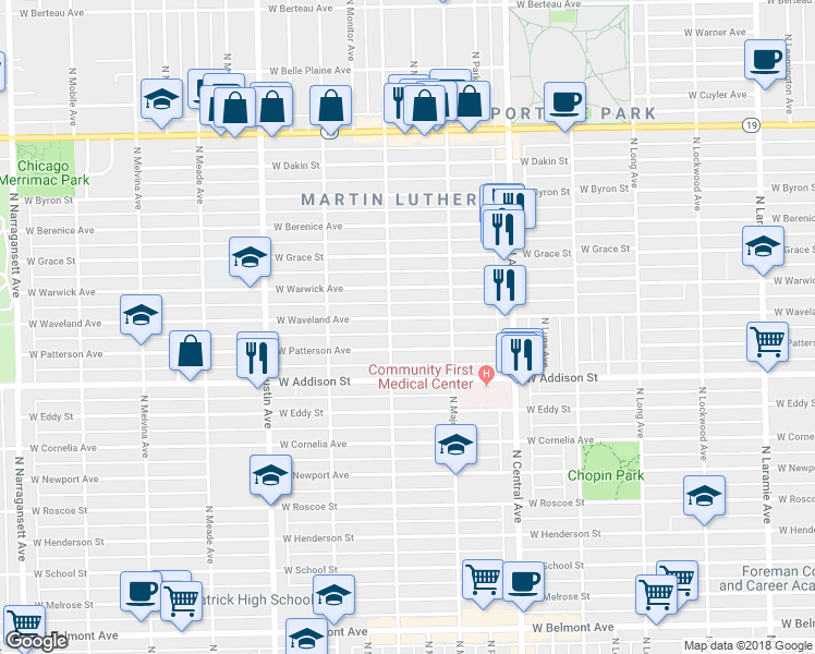 map of restaurants, bars, coffee shops, grocery stores, and more near 5743 W Waveland Ave in Chicago