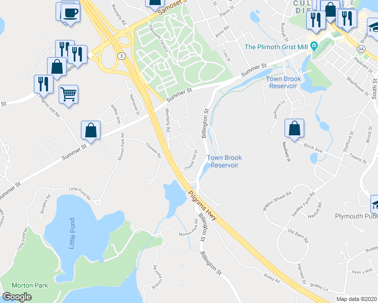 map of restaurants, bars, coffee shops, grocery stores, and more near 2 Chapel Hill Drive in Plymouth