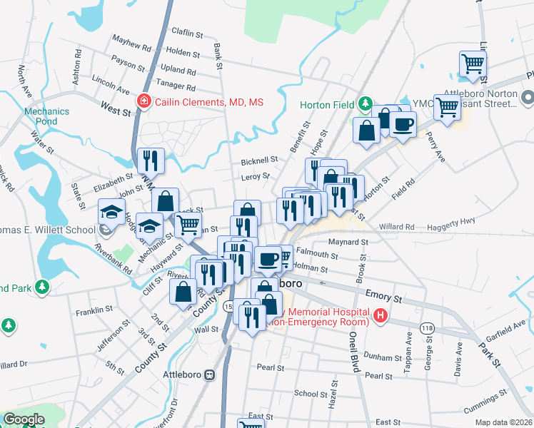 map of restaurants, bars, coffee shops, grocery stores, and more near 8 Perrin Street in Attleboro