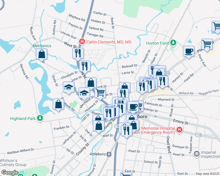 map of restaurants, bars, coffee shops, grocery stores, and more near 21 Peck Street in Attleboro