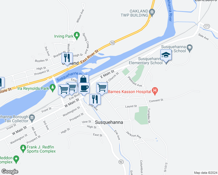 map of restaurants, bars, coffee shops, grocery stores, and more near 212 Grand Street in Susquehanna