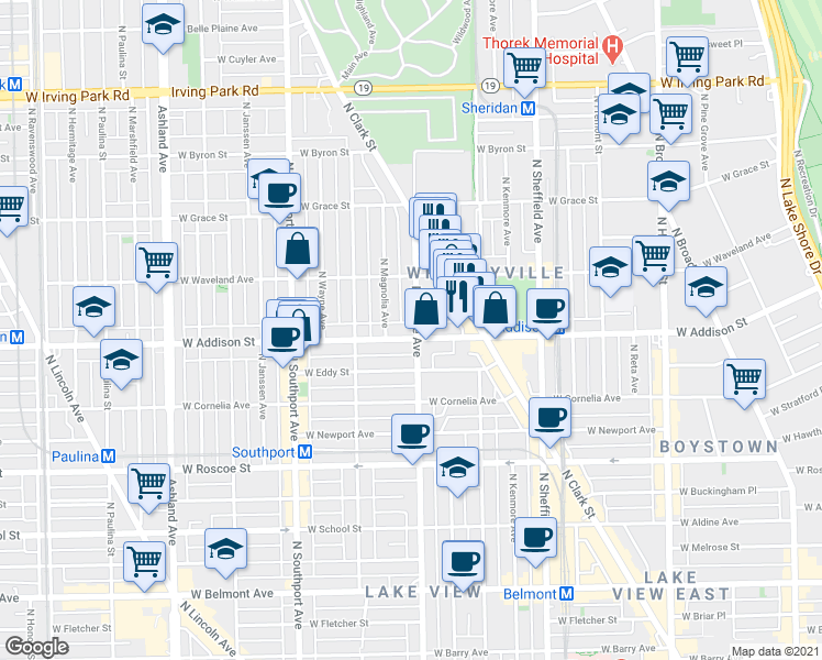 map of restaurants, bars, coffee shops, grocery stores, and more near 1216 West Addison Street in Chicago