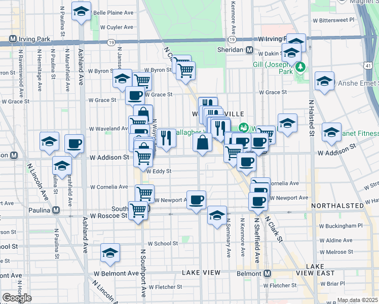 map of restaurants, bars, coffee shops, grocery stores, and more near 1216 West Addison Street in Chicago